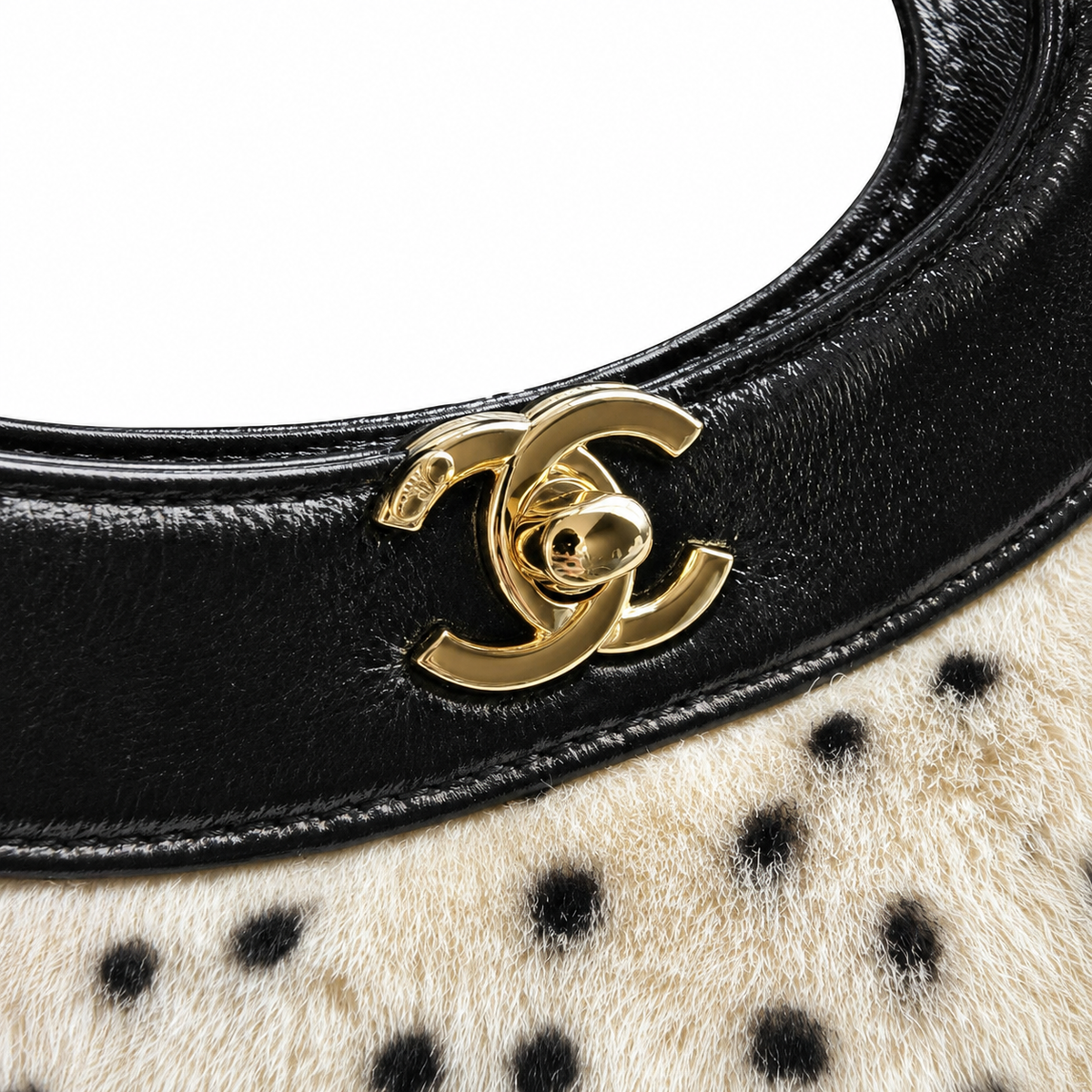 Chanel Dalmatian Spotted Shearling Tote | Circular Black Patent Handle & Gold CC Turn-Lock