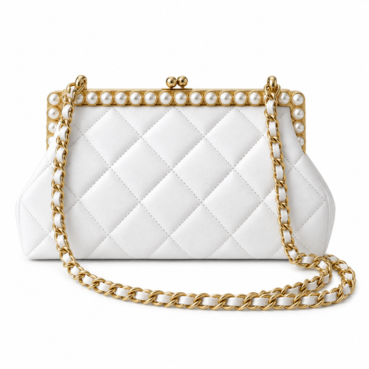 Chanel Pearl Top Frame Clutch White 10×20×7cm