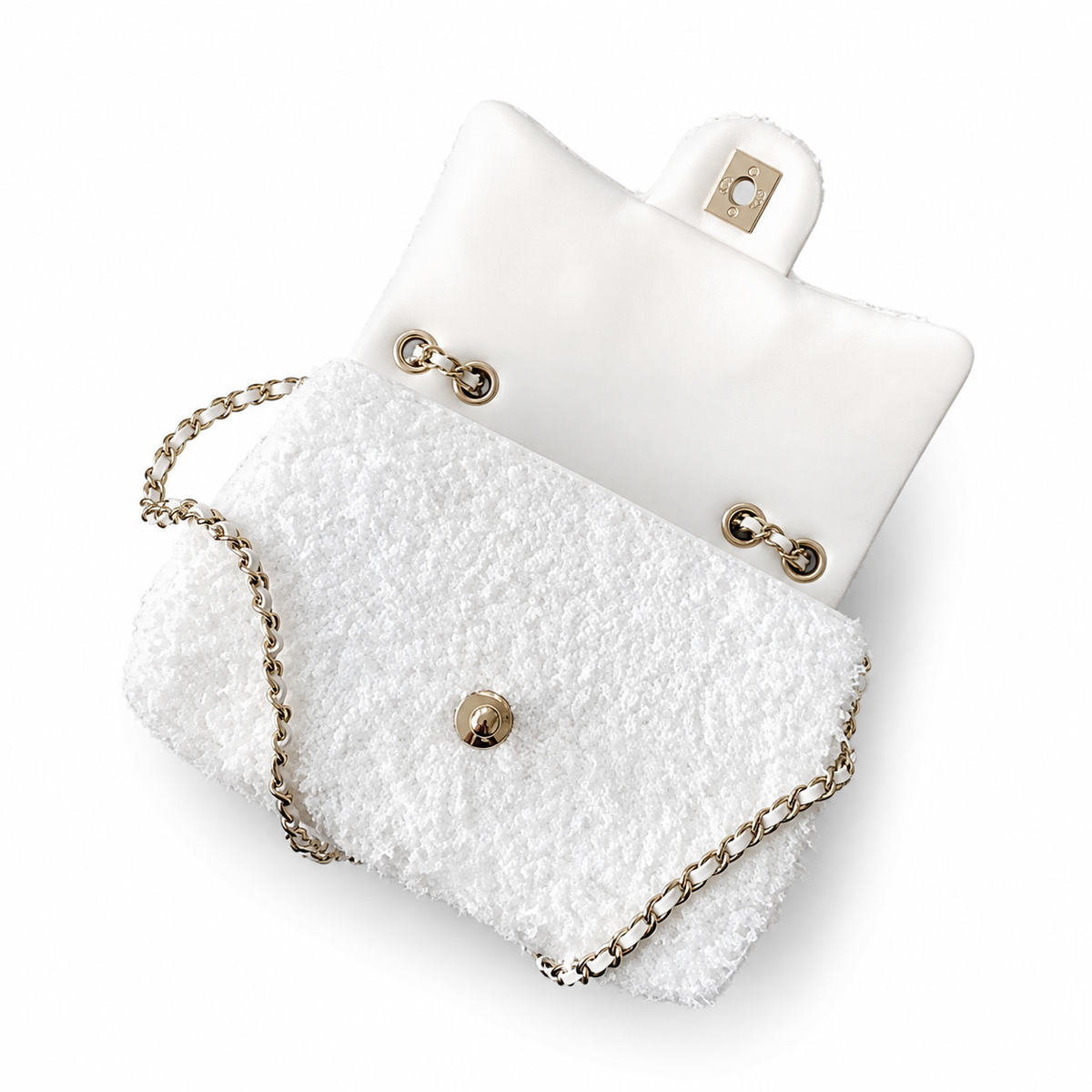 Chanel White Bouclé & Pearl Sequin Flap Bag | Conditionally Visible Embellishment, Silver CC & Bare Chain