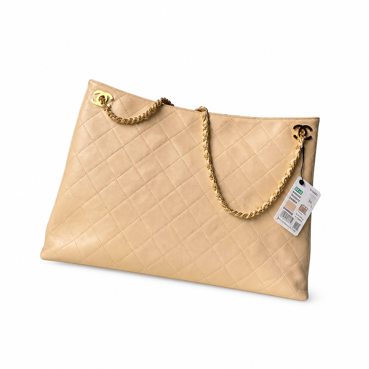 Chanel CC Diagonal Quilted Lambskin Tote | Beige & Gold Chain — 40cm