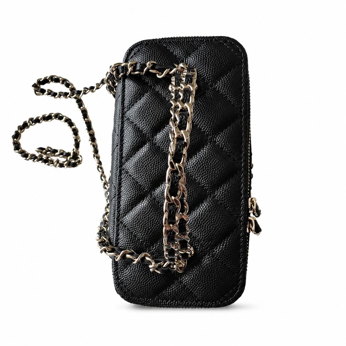 Chanel Black Diagonal Quilted Caviar Vanity Box Bag | Chain Top Handle & Silver Chain