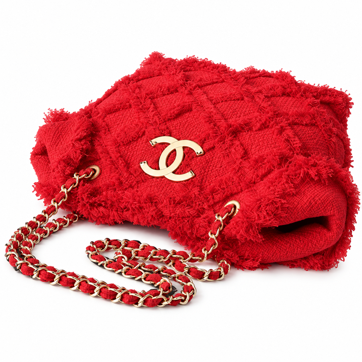 Chanel Large Quilted Fringe Tweed Tote Bag Red Gold 48cm