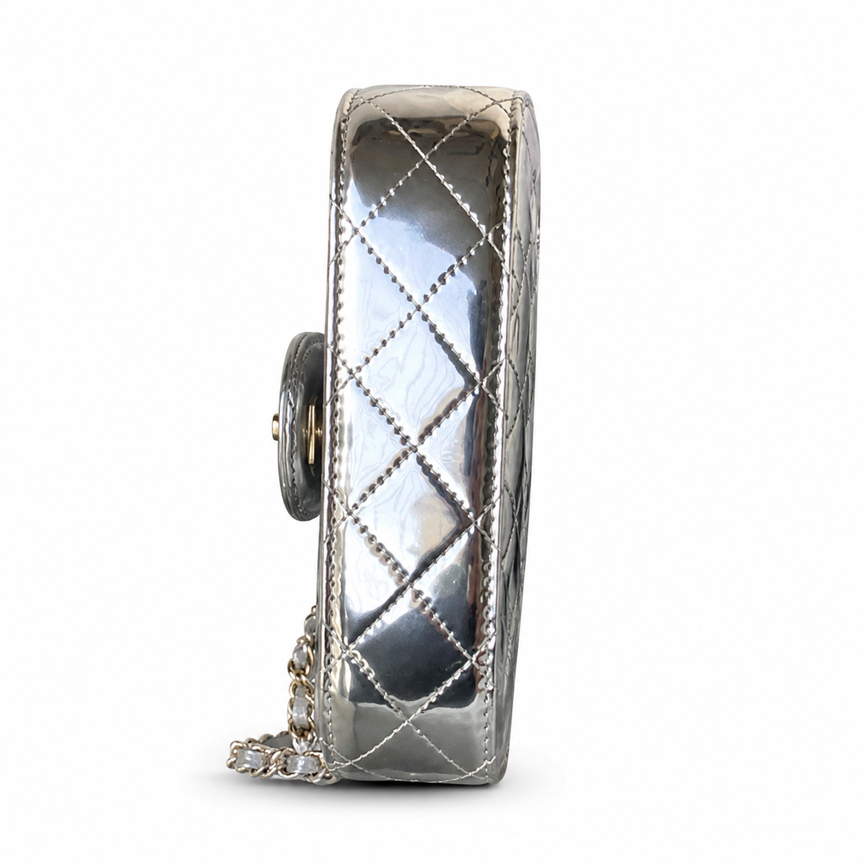 Chanel Mirror Metallic Quilted Flap Bag | CC Turn-Lock Silver Chain — 15x20cm