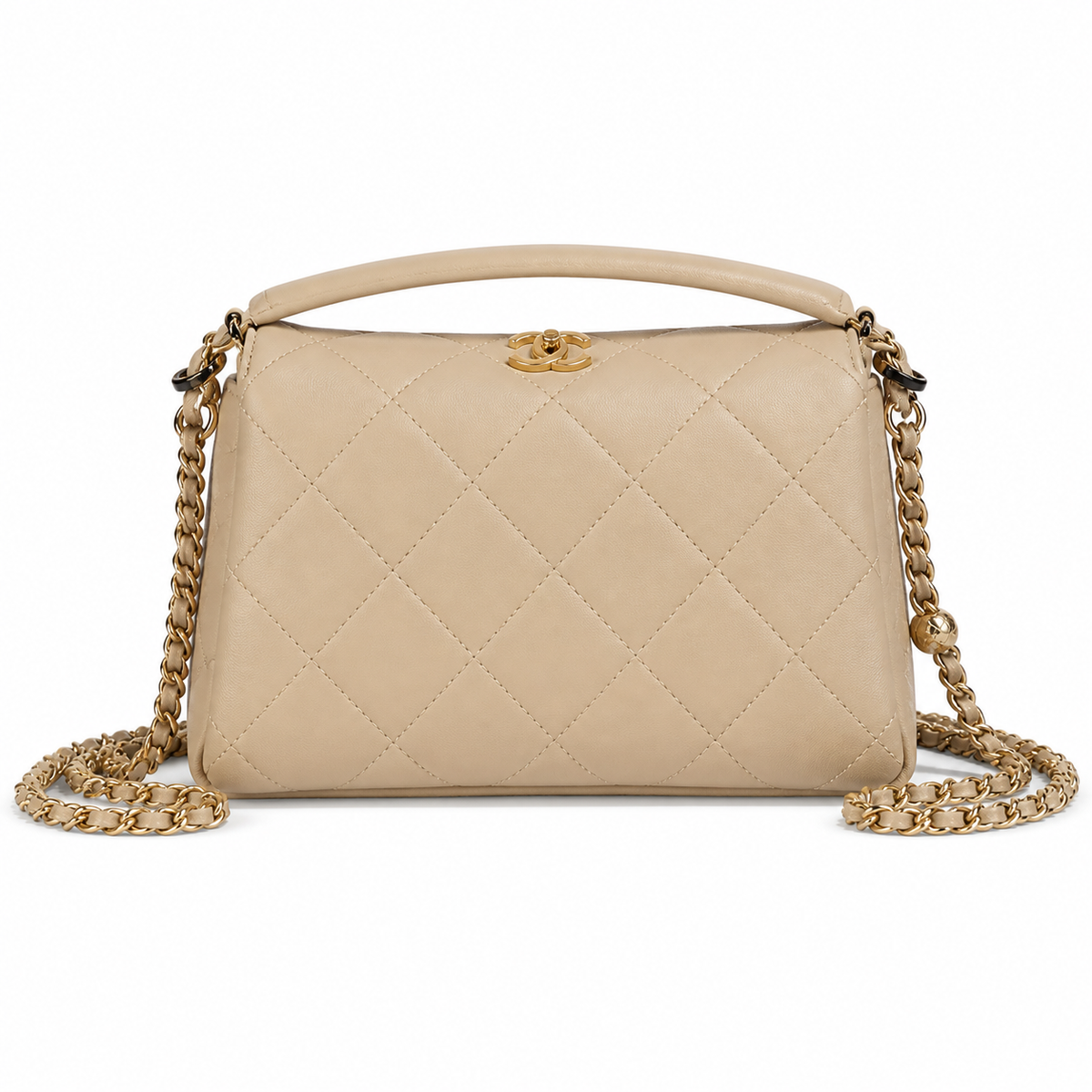 Chanel Beige Quilted Lambskin Top Handle Crossbody | Gold CC & Burgundy Interior — 23cm