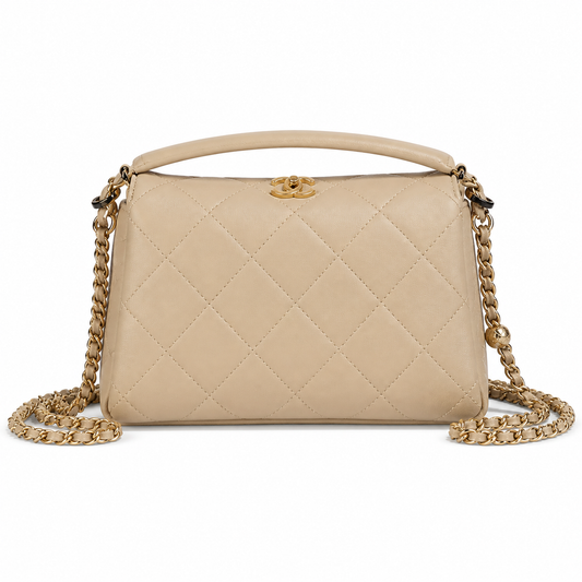 Chanel Beige Quilted Lambskin Top Handle Crossbody | Gold CC & Burgundy Interior — 23cm