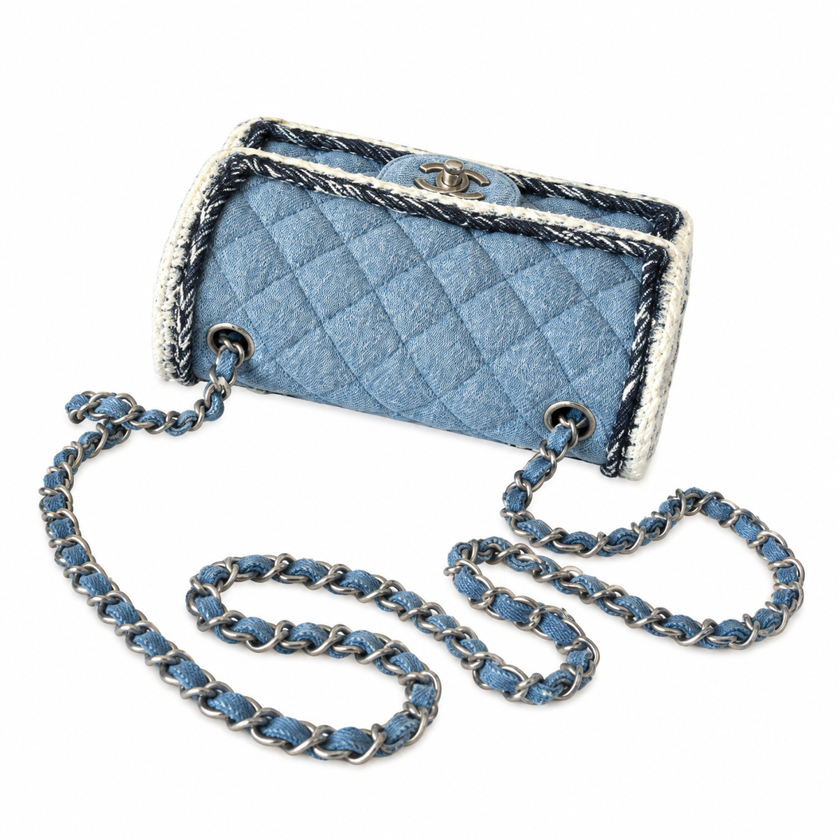 Chanel Quilted Denim Mini Flap Bag White Yarn Trim 20cm