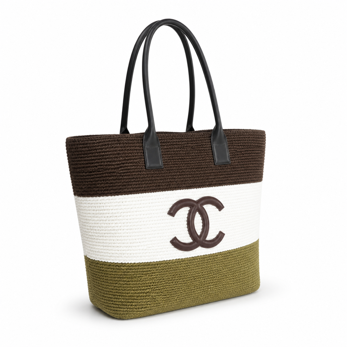 Chanel Olive, Ivory & Espresso Raffia Market Tote | Brown CC on White — 58cm