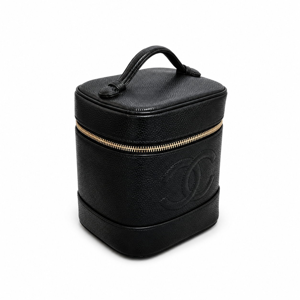 Chanel CC Caviar Leather Vanity Cylinder Case | Black & Gold Zip — 17cm