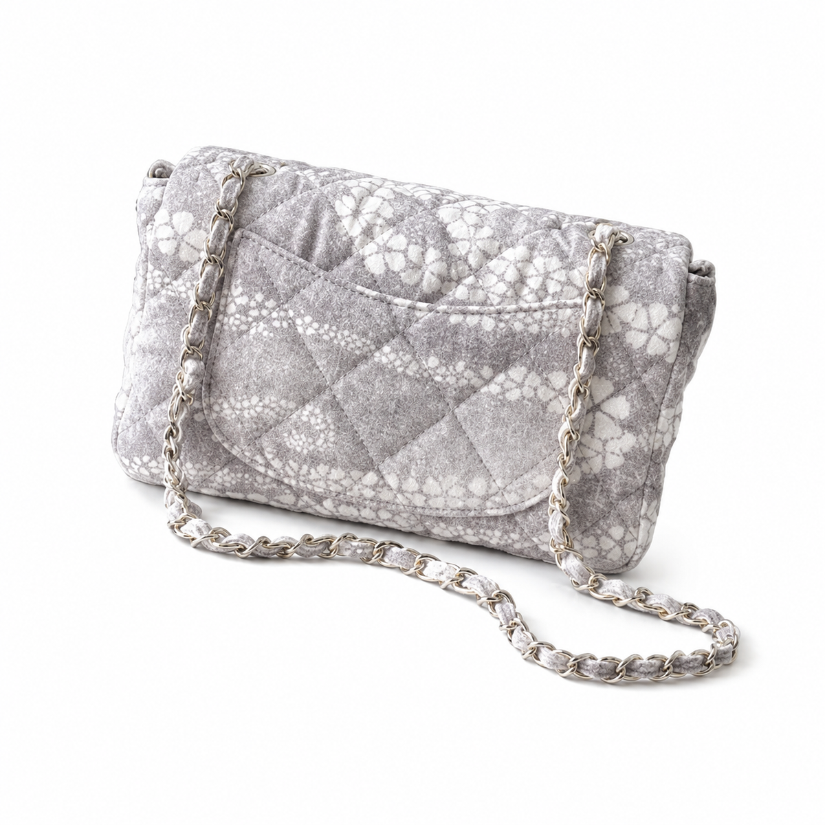 Chanel Grey & White Floral Lurex Twill Jacquard Small Classic Flap Bag | Champagne Gold CC Turn-Lock & Grey-White Leather Chain