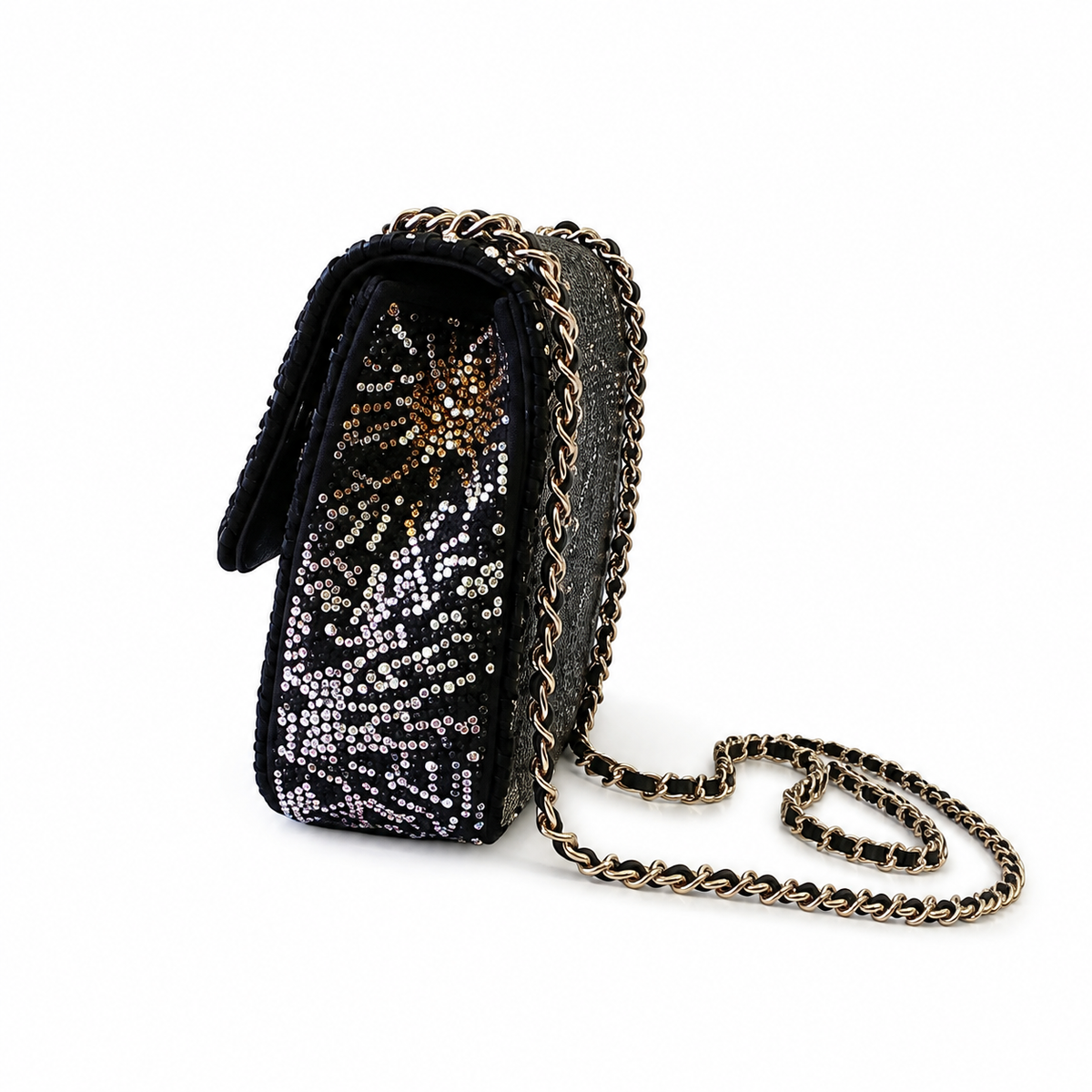 Chanel Black Suede Multicolour Crystal Rhinestone Flap Bag | Star-Field Front, Fireworks Starburst Back & Gold CC