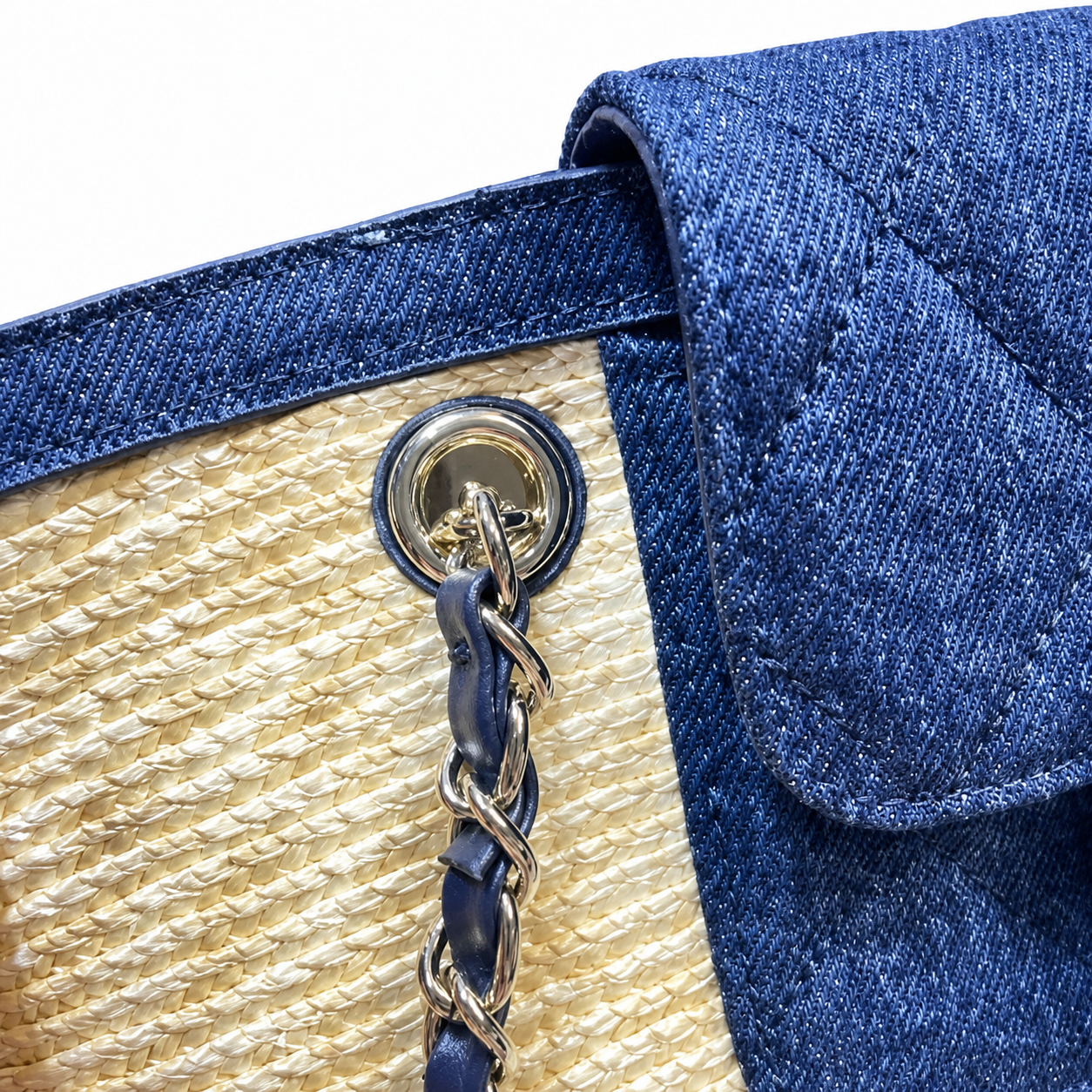Chanel Small Basket Bag Natural Raffia & Navy Quilted Denim | Silver CC Turn-Lock — 41cm