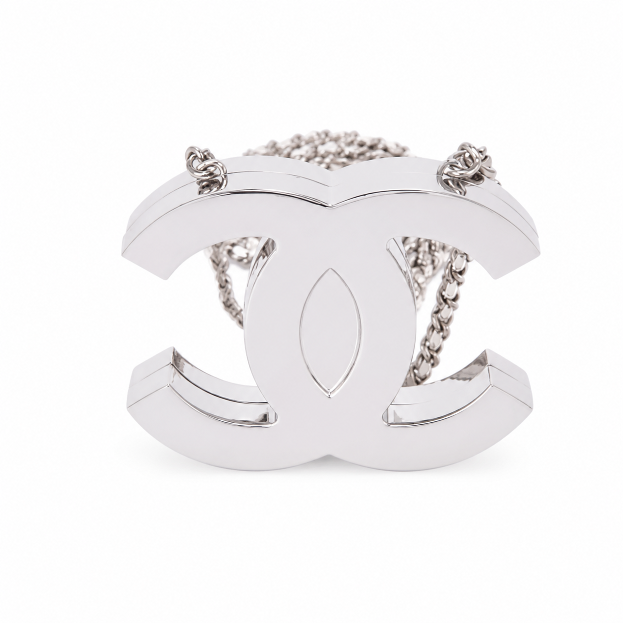 Chanel CC Logo Hard Shell Minaudiere | Silver Mirror & Chain — 10cm