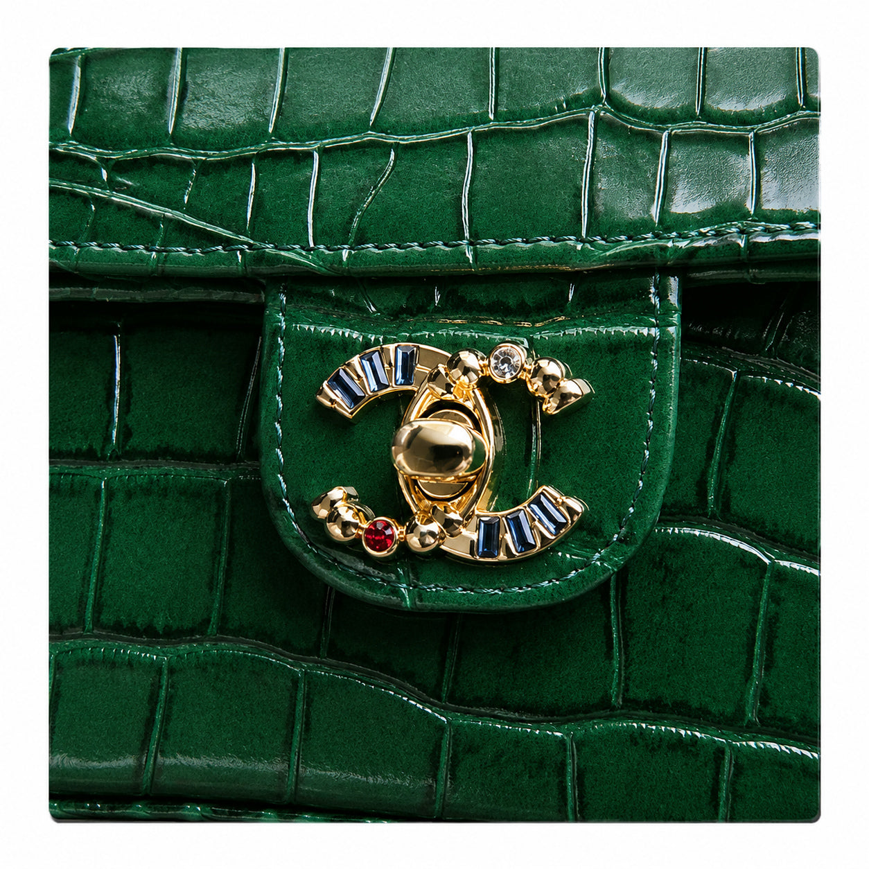 Chanel Emerald Green Croc-Embossed Flap Bag | Jewelled Multi-Stone CC Turn-Lock & Wine Red Interior