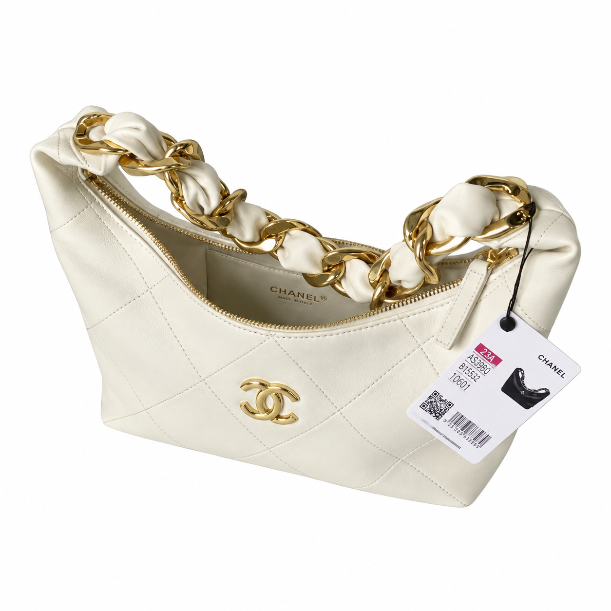 Chanel Zip Hobo Quilted Lambskin Pearl White Chunky Chain Gold 28cm
