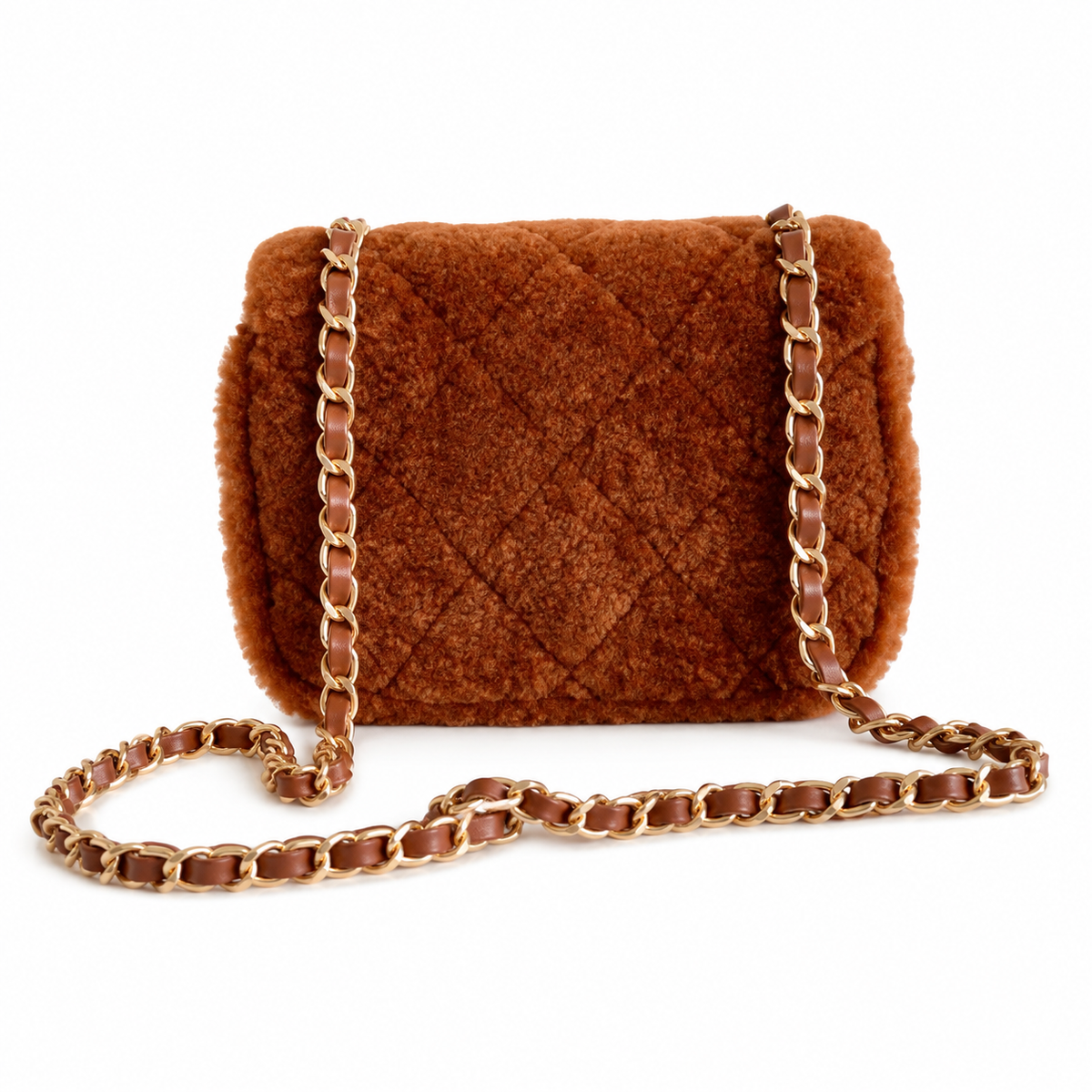 Chanel Shearling Trim Quilted Flap Bag | Gold Chain Caramel Brown — 12x18cm