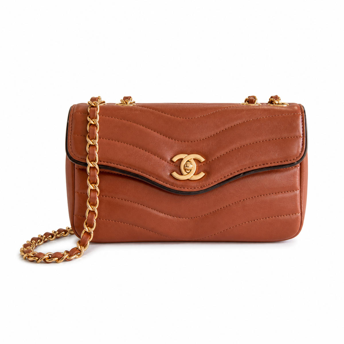 Chanel Wave-Quilted Mini Flap Cognac Lambskin | Gold Push-Lock & Burgundy Interior — 27cm