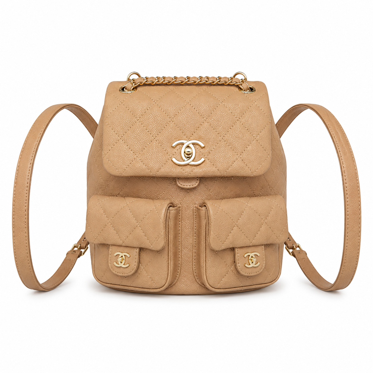 Chanel Duma Suede Quilted Backpack | CC Turn-Lock Gold Chain Camel Beige — 20.5x20cm
