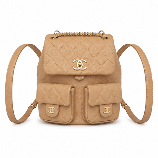 Chanel Duma Suede Quilted Backpack | CC Turn-Lock Gold Chain Camel Beige — 20.5x20cm
