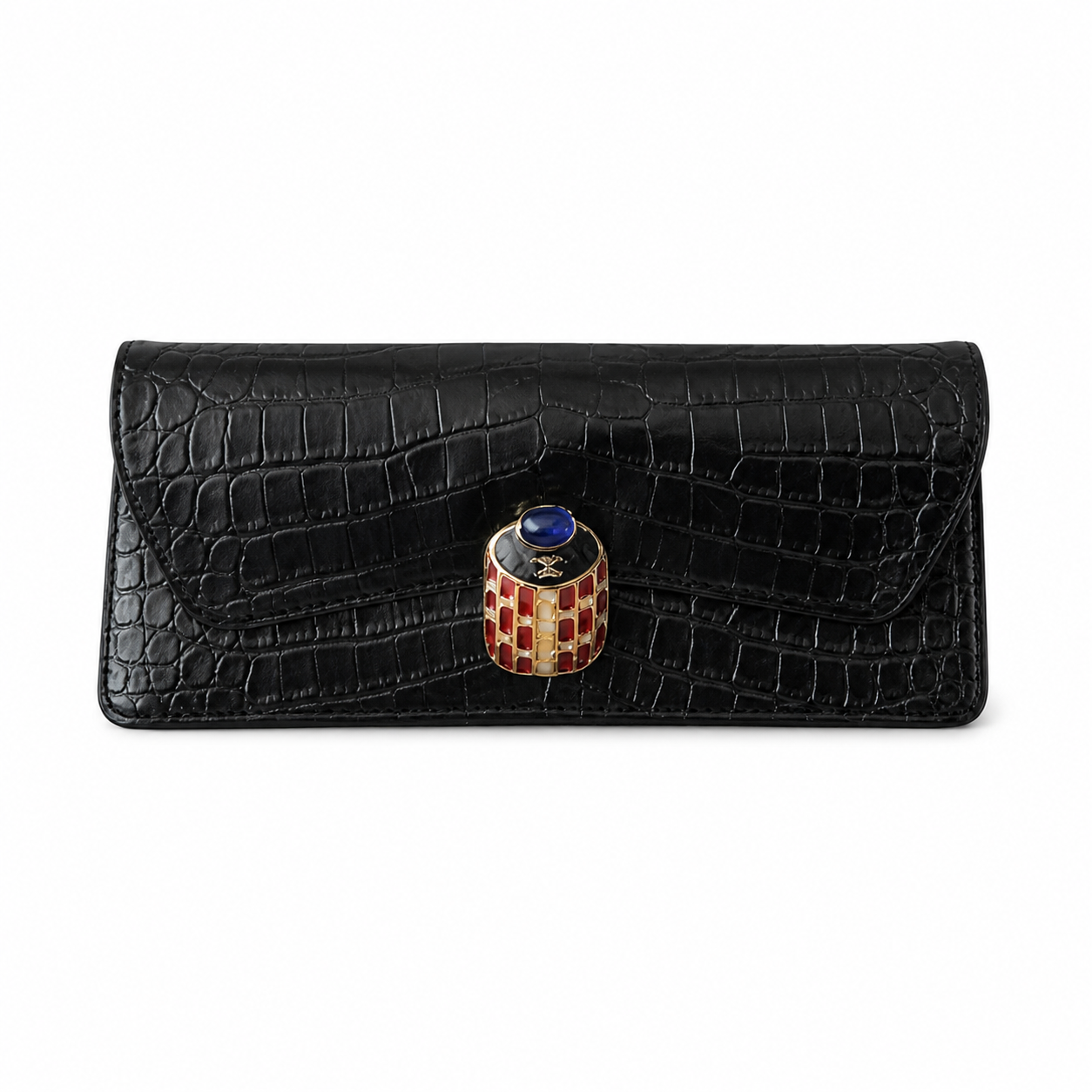 Chanel Black Croc-Embossed Evening Clutch | Jeweled Scarab CC — Blue Lapis & Red Enamel — 30cm