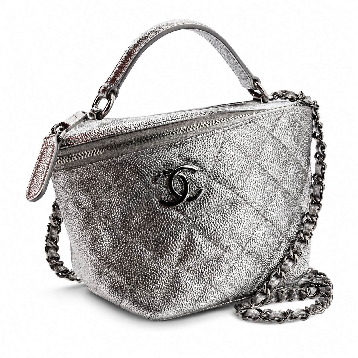 Chanel Silver Metallic Quilted Caviar Vanity Box Bag | Top Handle & Silver Chain