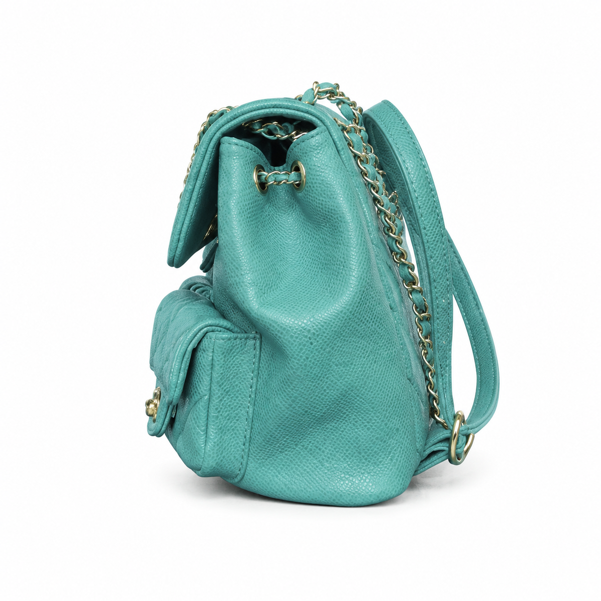 Chanel Duma Caviar Backpack | CC Turn-Lock Gold Chain Teal Green — 20.5x20cm