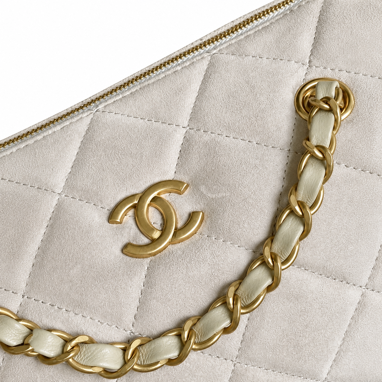 Chanel Ivory Suede Quilted Camera Bag | Gold CC, Leather Base with Dome Feet, Side Pockets & Tonal Double Chain