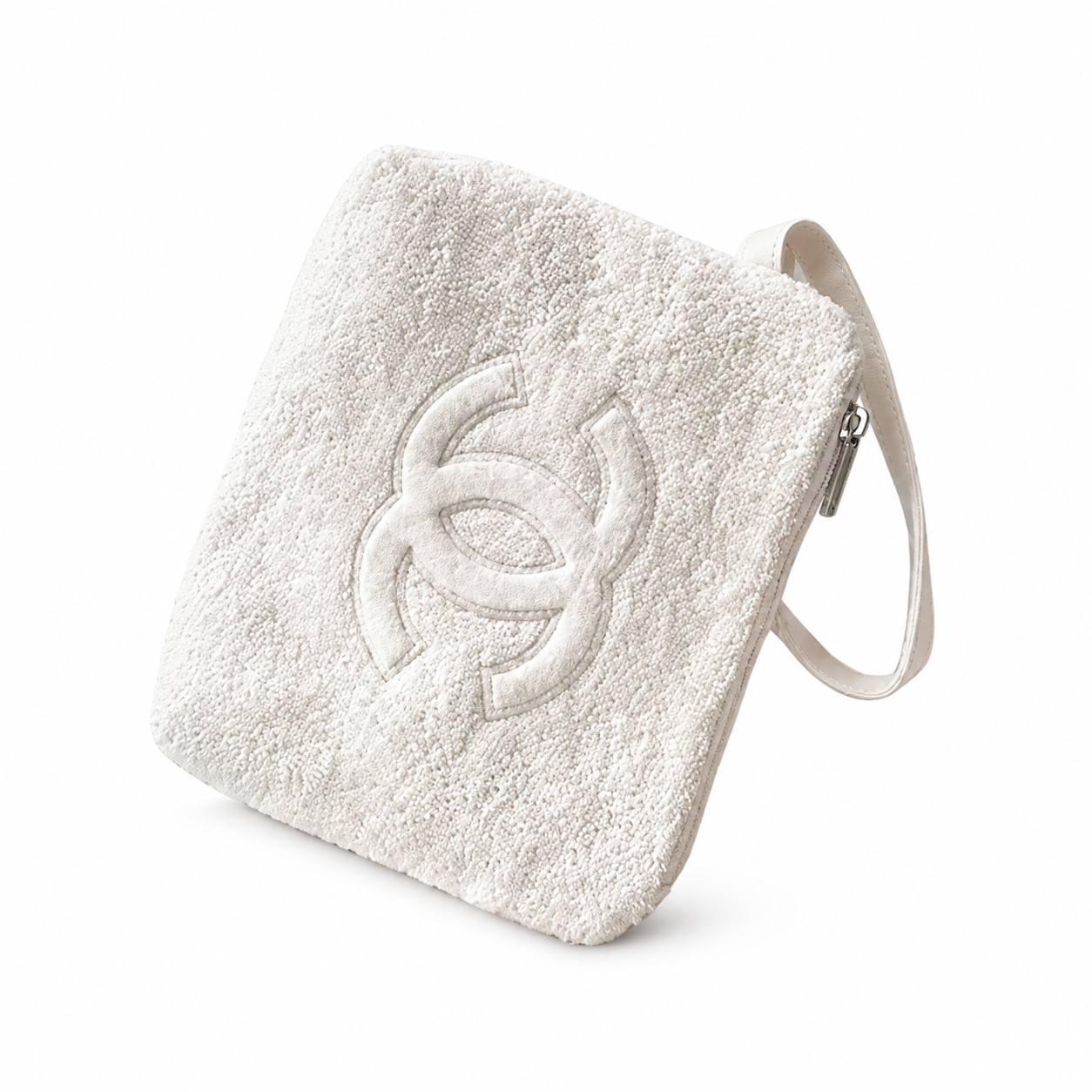 Chanel Ivory White Terry Cloth Hobo Bag & Zip Pouch Set | Tonal CC & Appliqué CC
