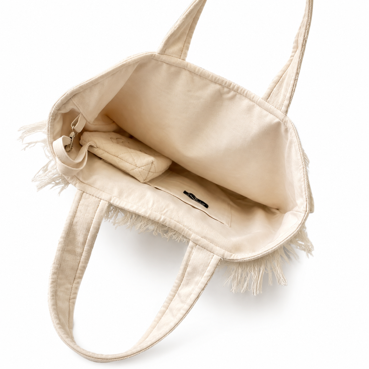 Chanel Ivory Quilted Canvas Large Fringe Tote | Oversized Tonal Embroidered CC, Open Top & Matching Mini Pouch