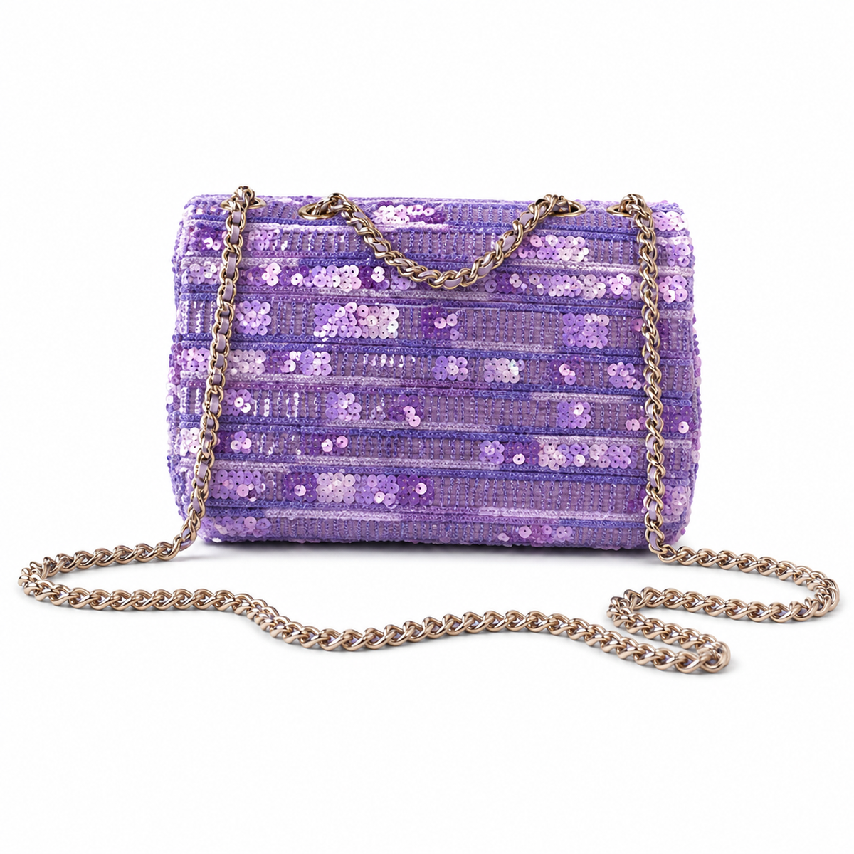 Chanel Lavender Sequin Classic Double Flap | Horizontal Shimmer & Pink Accents — 21cm