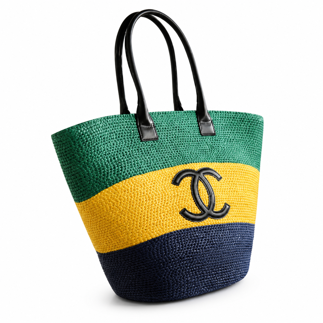 Chanel Green, Yellow & Navy Raffia Market Tote | Black CC & Leather Handles — 58cm