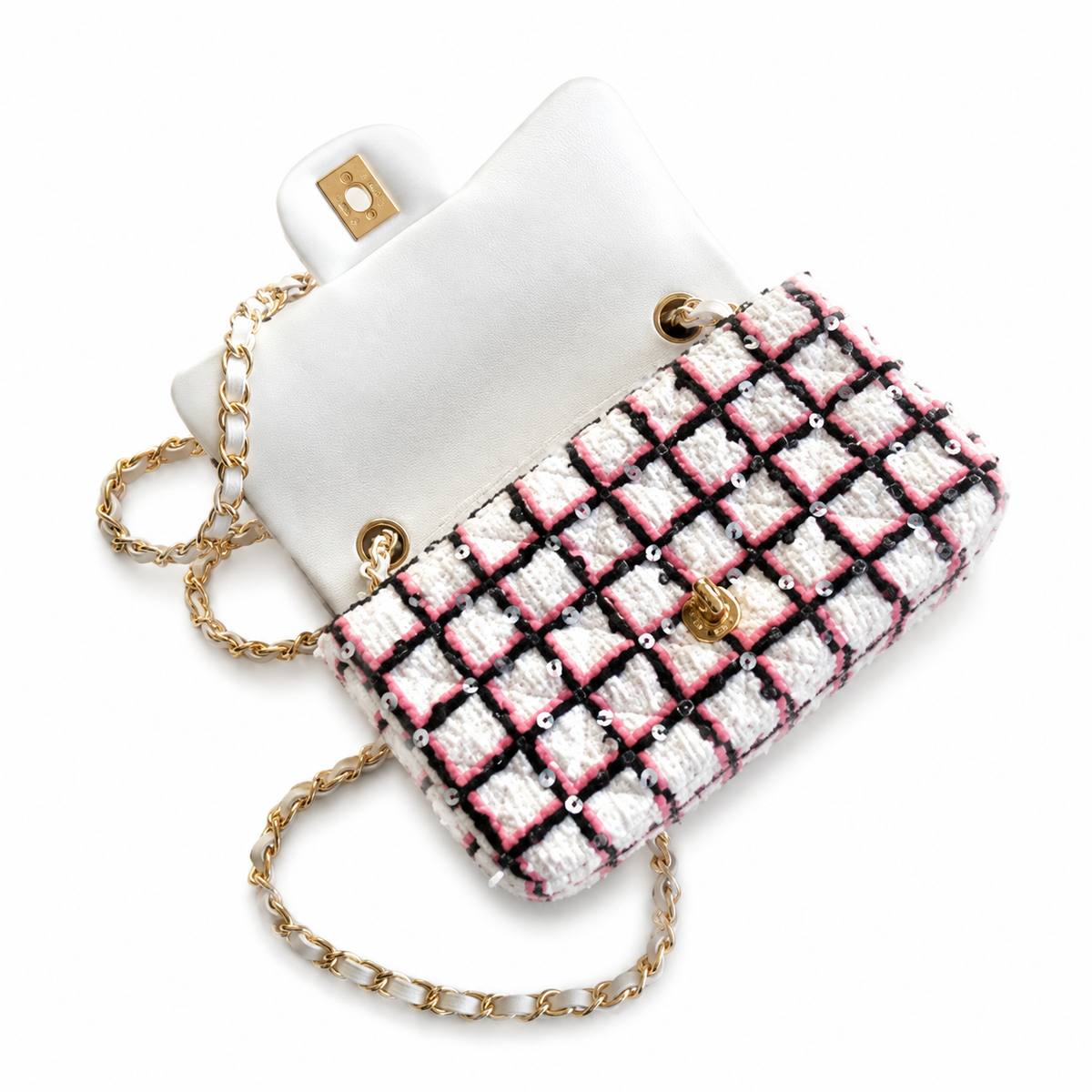 Chanel Tweed Crystal Flap Bag | Gold Chain Pink White Black — 20cm
