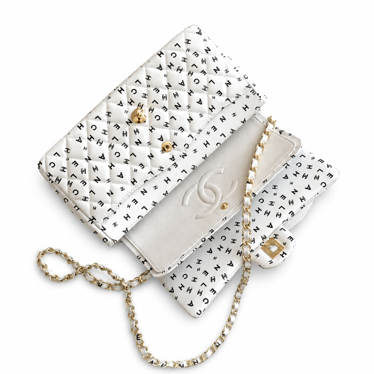 Chanel White Logo-Print Quilted Classic Double Flap Bag