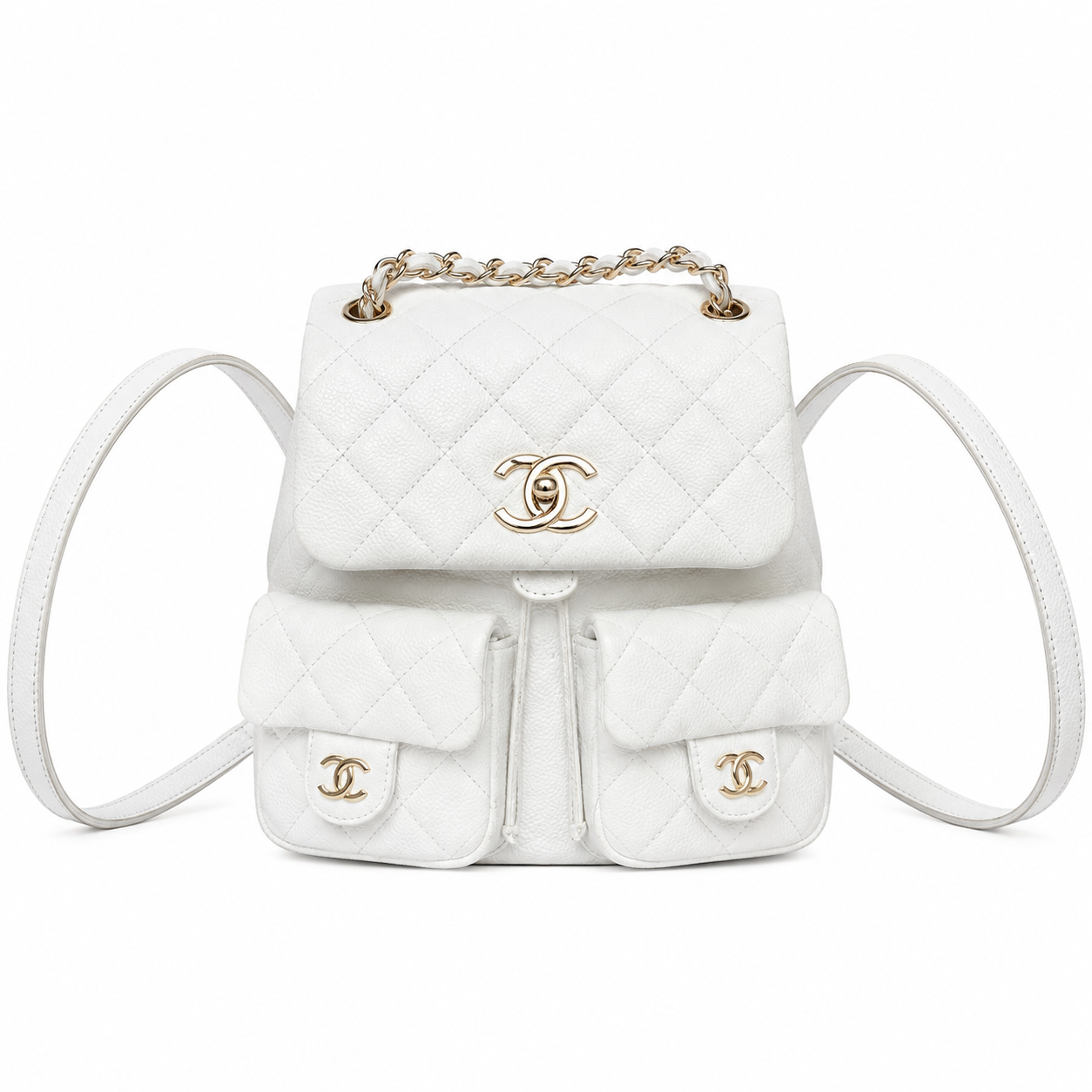 Chanel Caviar Quilted Backpack | Gold Chain CHANEL Tag White — 20.5x20cm