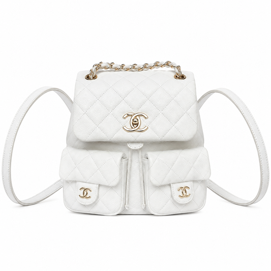 Chanel Caviar Quilted Backpack | Gold Chain CHANEL Tag White — 20.5x20cm