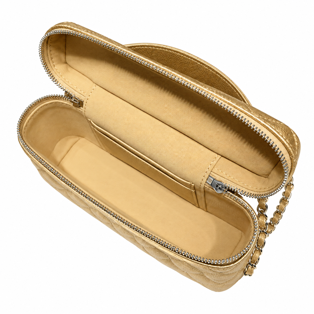 Chanel Quilted Gold Metallic Caviar Vanity Case Bag Silver Hardware 19.5cm