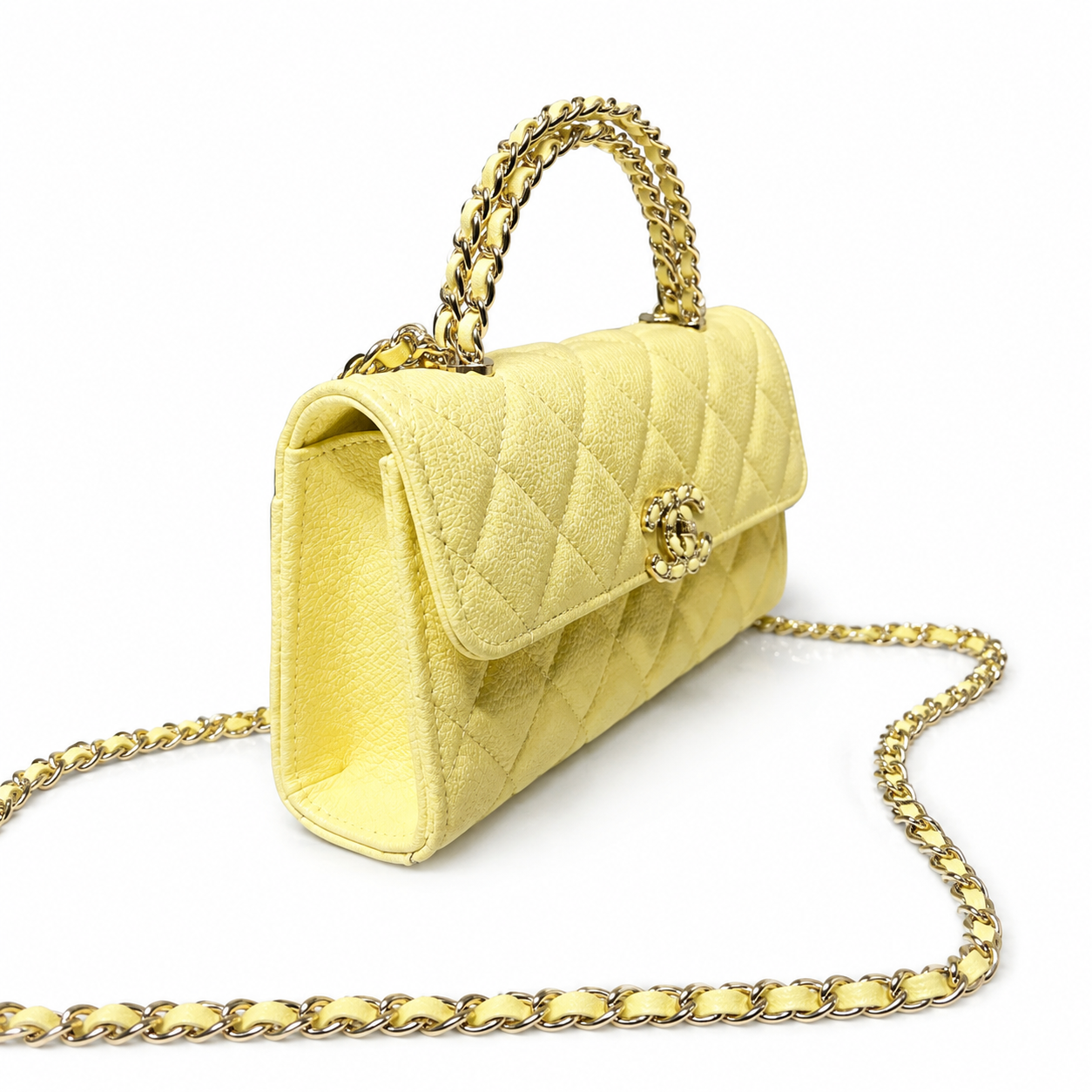 Chanel Lemon Yellow Smooth Lambskin Quilted Mini Top Handle Flap Bag | Gold CC Turn-Lock, Tonal Chain & Quilted Interior Pocket