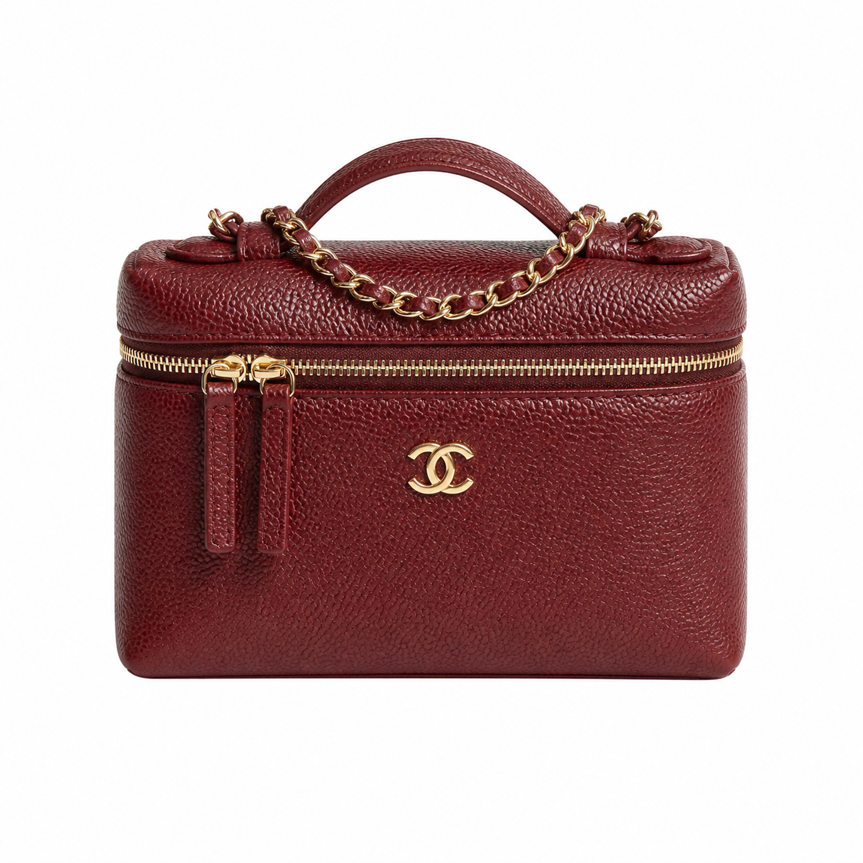 Chanel Crimson Caviar Mini Vanity Case | Triple-Strand Gold Chain — 19cm