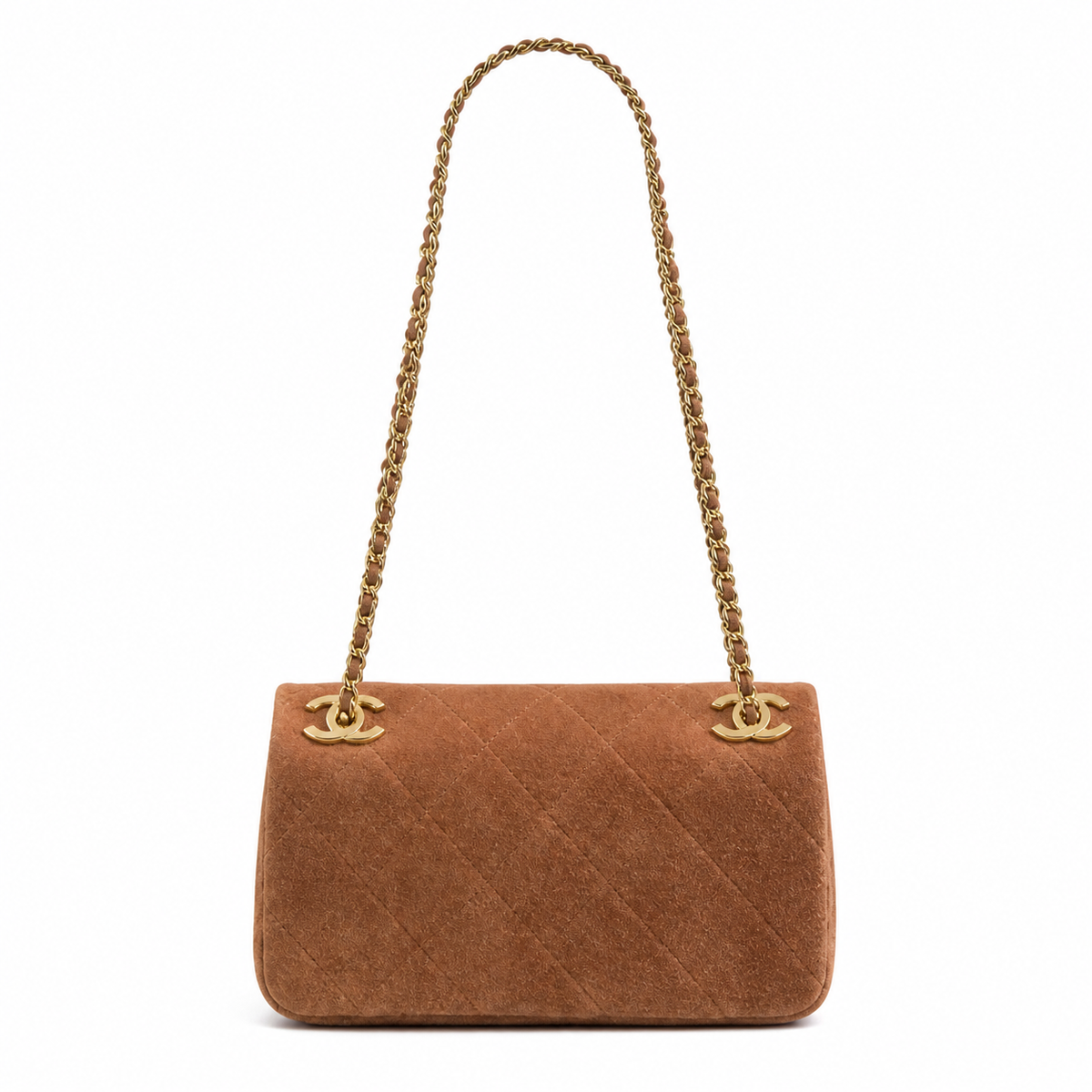 Chanel Camel Quilted Suede Single Flap | Gold Square Push-Lock & CC Clips — 22cm