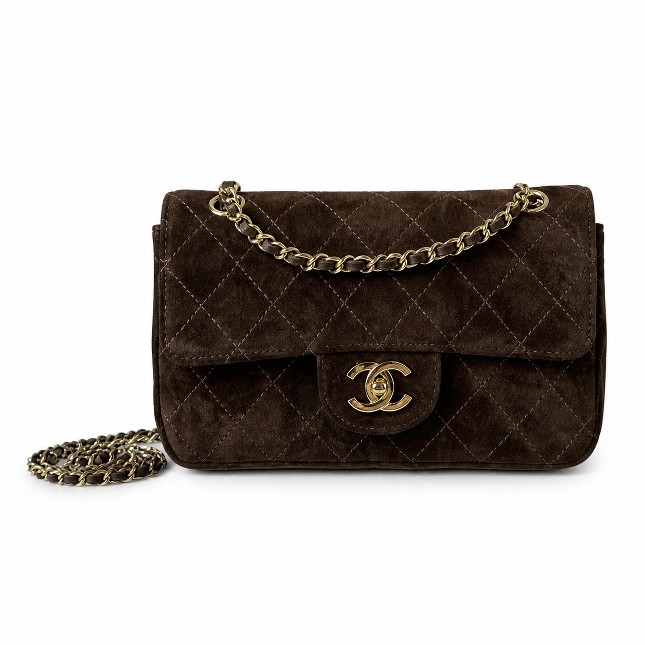 Chanel Classic Single Flap Bag Dark Chocolate Brown Quilted Suede | Aged Gold CC — 20cm