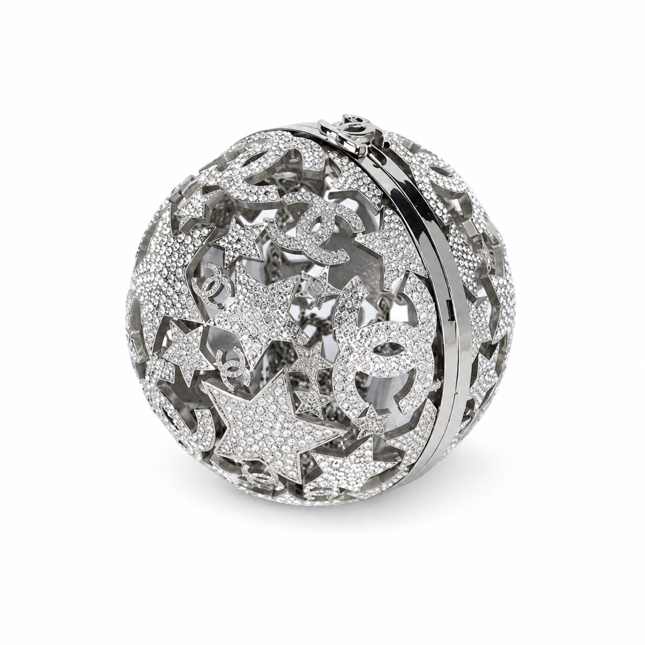 Chanel CC Crystal Star Globe Minaudiere | Silver Filigree & Chain — 13cm