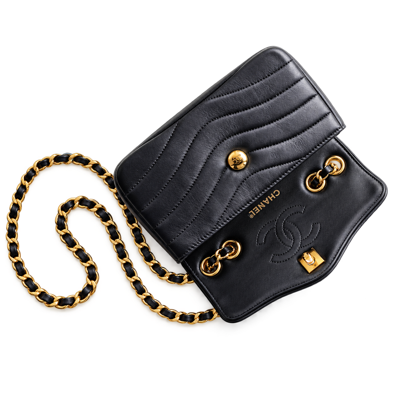 Chanel Wave-Quilted Mini Flap Black Lambskin | Gold CC Turn-Lock & Chain — 27cm