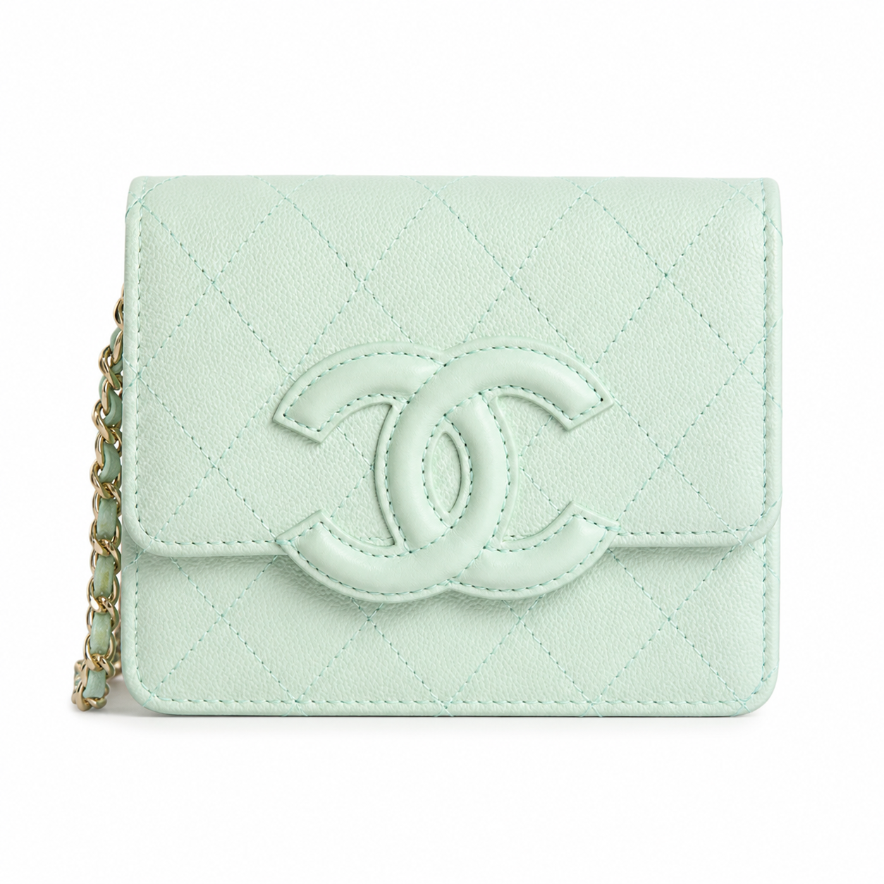 Chanel Mint Green Lambskin WOC | Tone-on-Tone CC & Gold Chain — 19cm