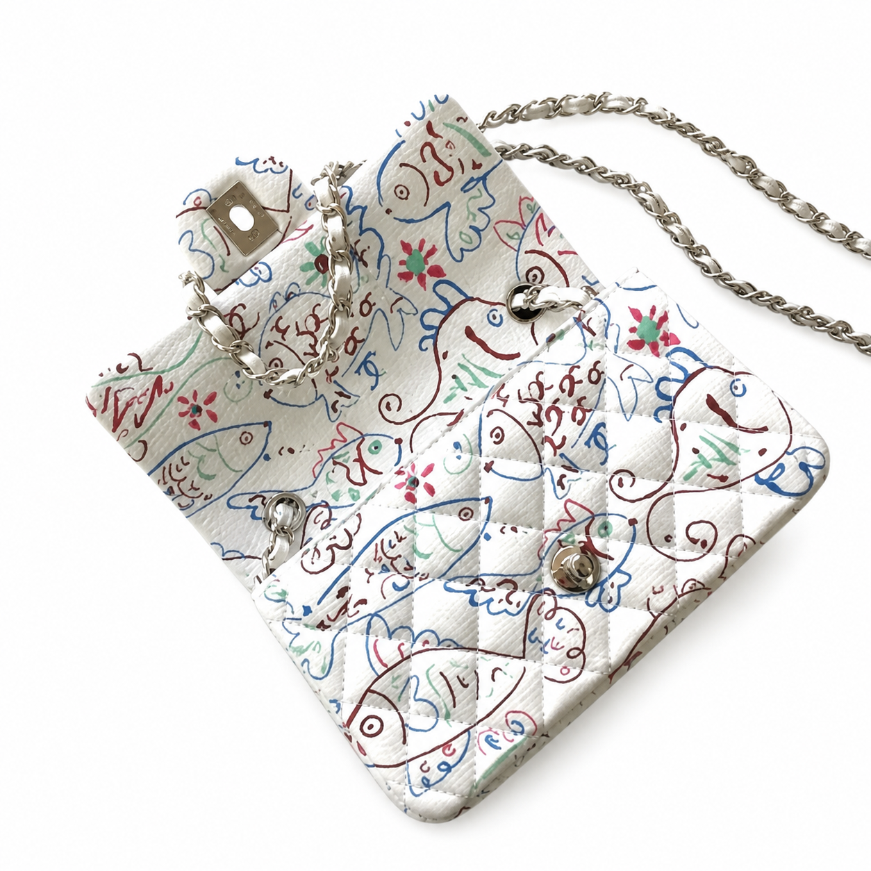 Chanel Mini Rectangular Flap Bag | Graffiti Art Print Silver CC White — 20cm