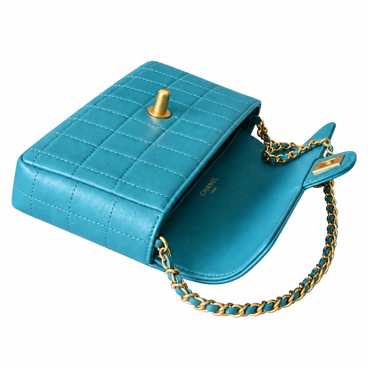 Chanel Square Quilted Lambskin East West Flap Bag Teal Gold 26cm