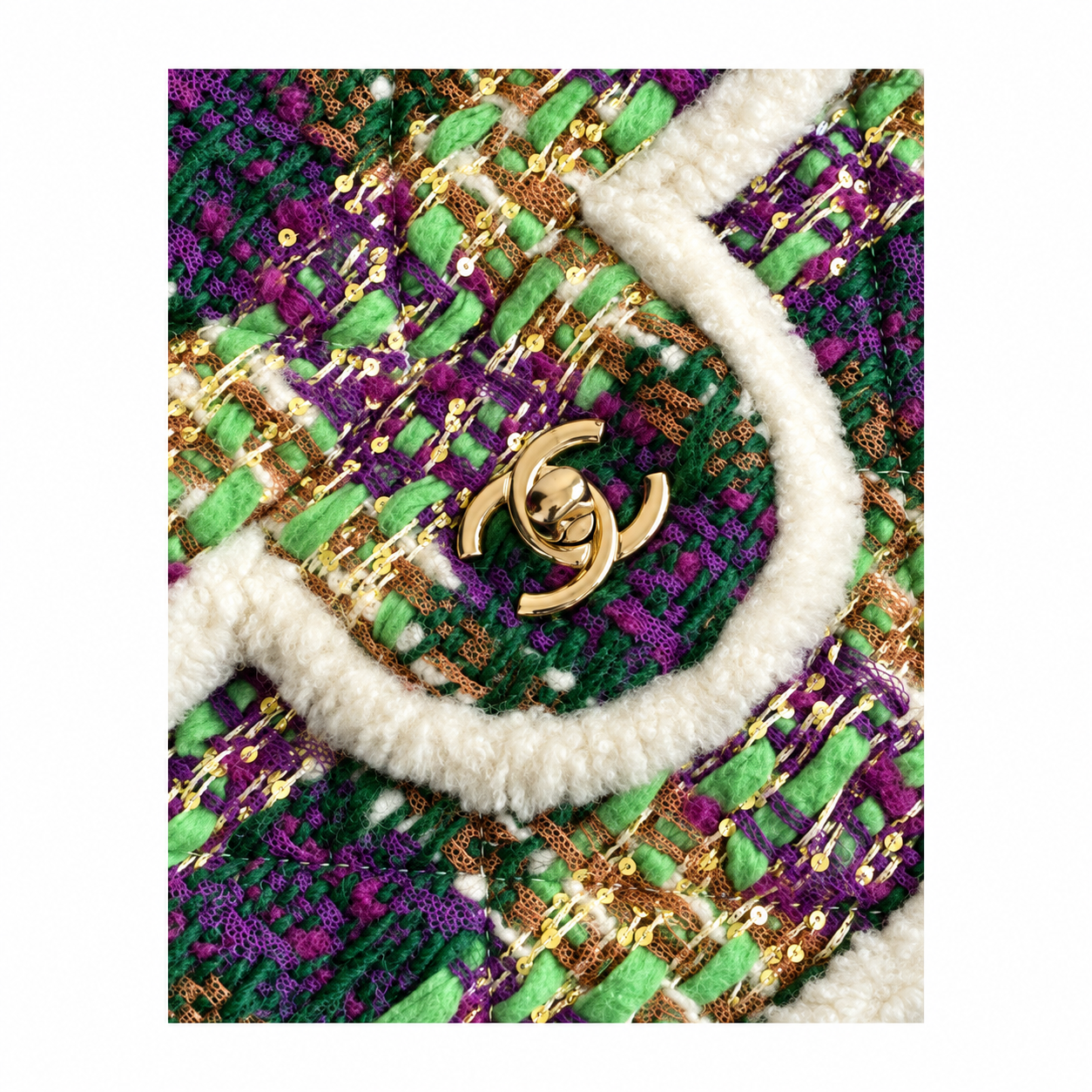 Chanel Tweed Bead Embellished Flap Bag Purple Green 21×33×10cm