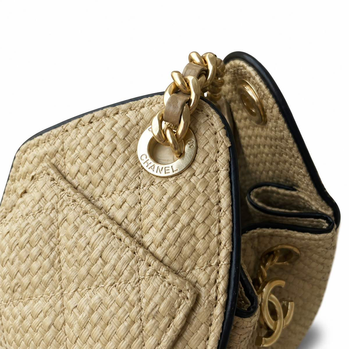 Chanel Raffia Drawstring Bucket Bag Natural Beige | Oversized Gold CC Medallion — 22cm