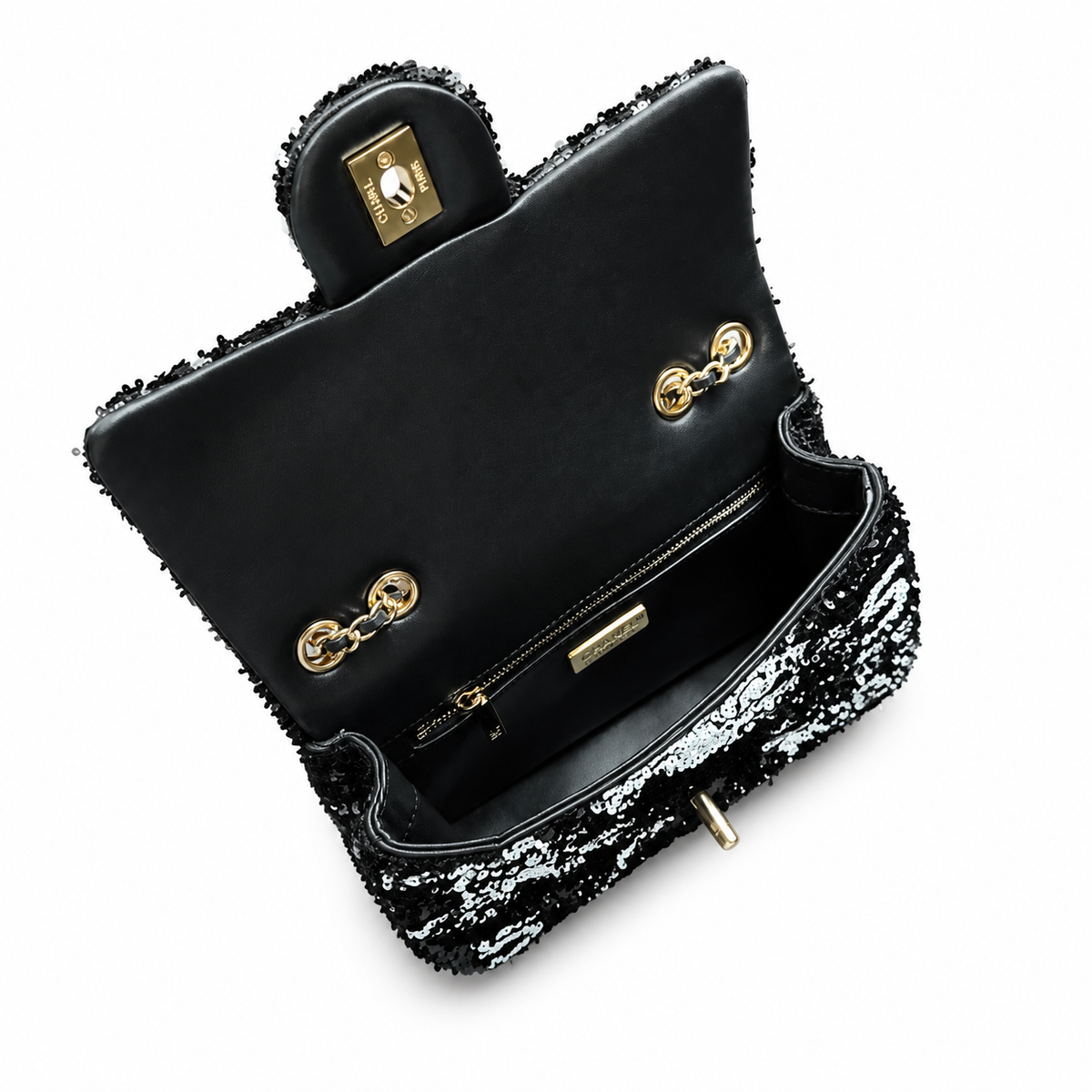 Chanel Black & Silver Sequin Mini Flap Bag | Camellia & Teal Gemstone CC — 21cm