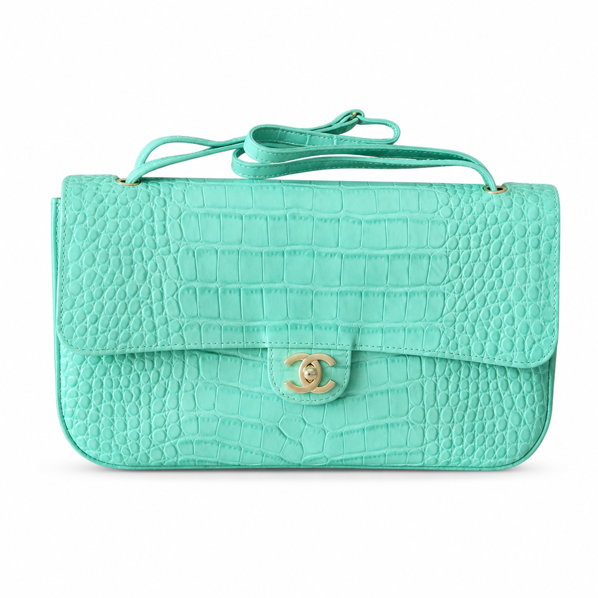 Chanel Classic Double Flap Bag Mint Turquoise Crocodile-Embossed Leather | Gold CC — 32cm