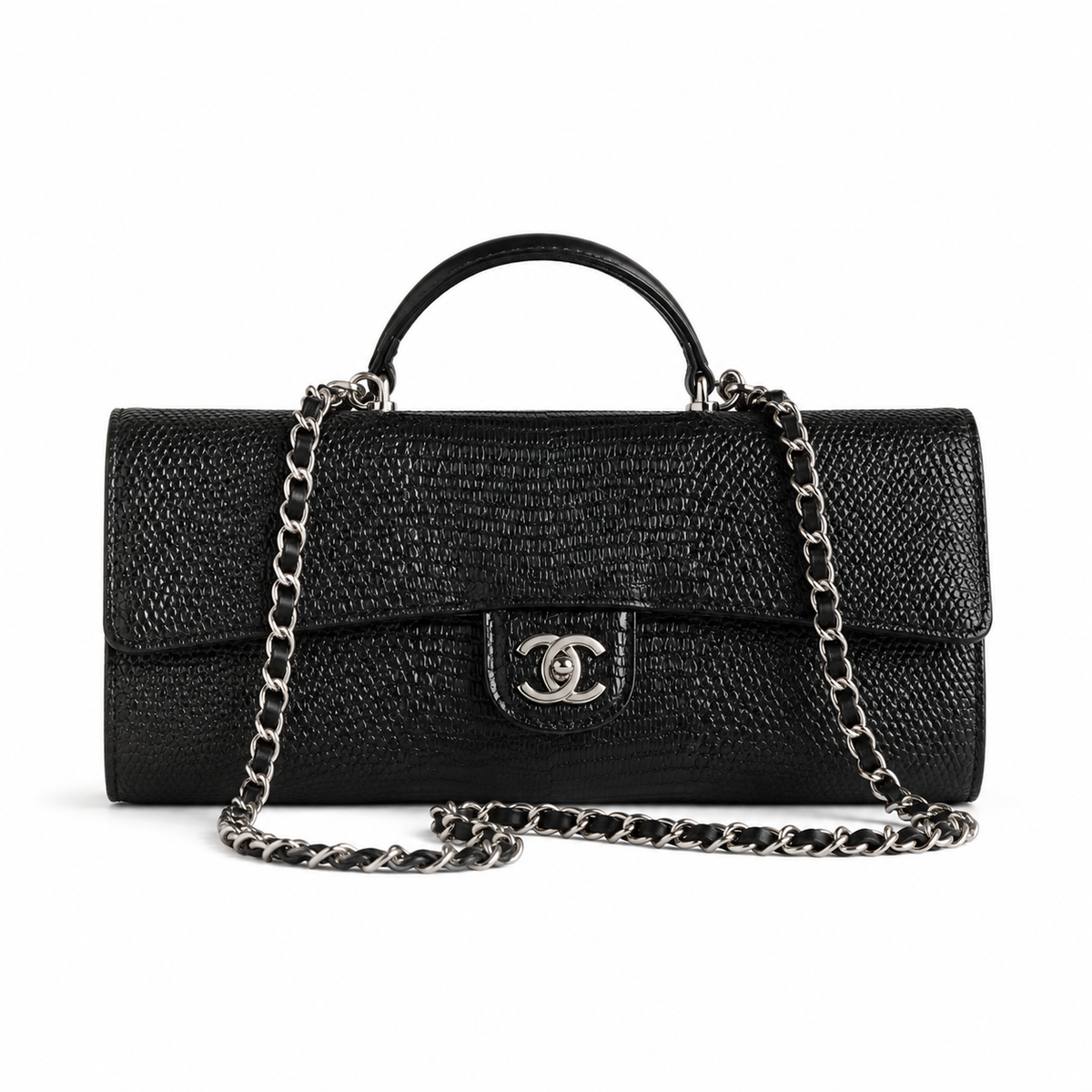 Chanel Black Lizard-Embossed Baguette Flap Bag | Top Handle & Silver Chain
