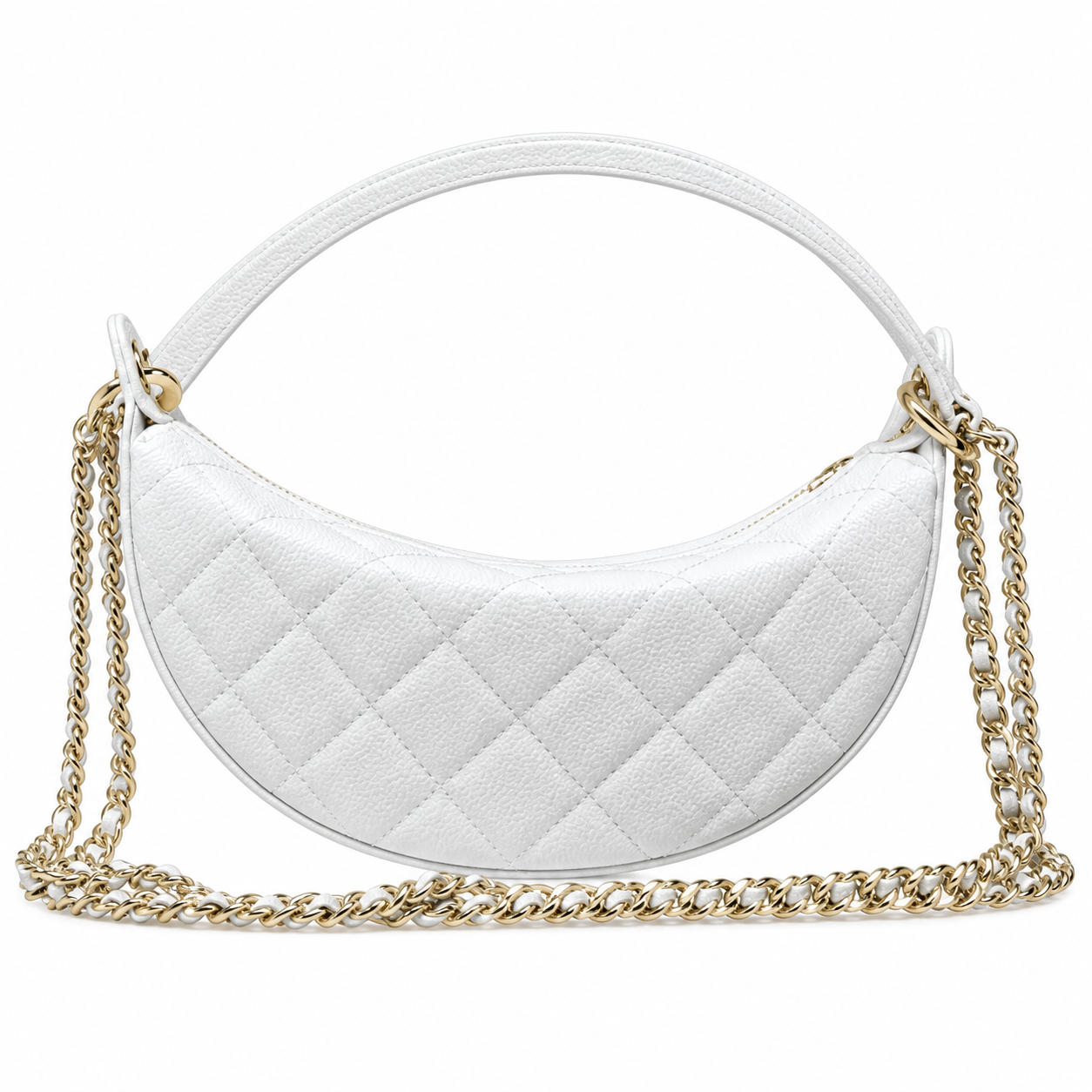 Chanel Crescent Hobo Quilted Caviar White Gold Pearl Zip Dual Chain 22cm